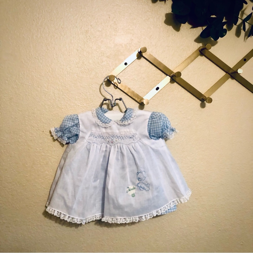 Vintage Blue and White Gingham with Eyelet Infant Dress